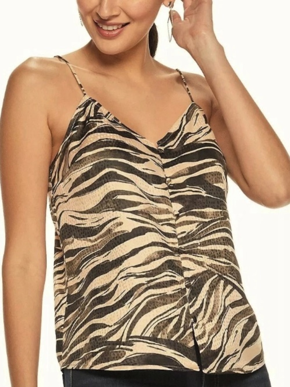 Nine West Cami Top Medium Zebra-Print Satin Black Tan Buttons Spaghetti Straps